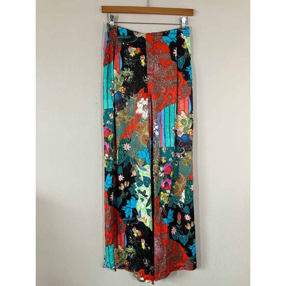 ANTHROPOLOGIE Satin Wide Leg Pants 8 Asian Chinoiserie Print Patchwork Artsy - Picture 4 of 13